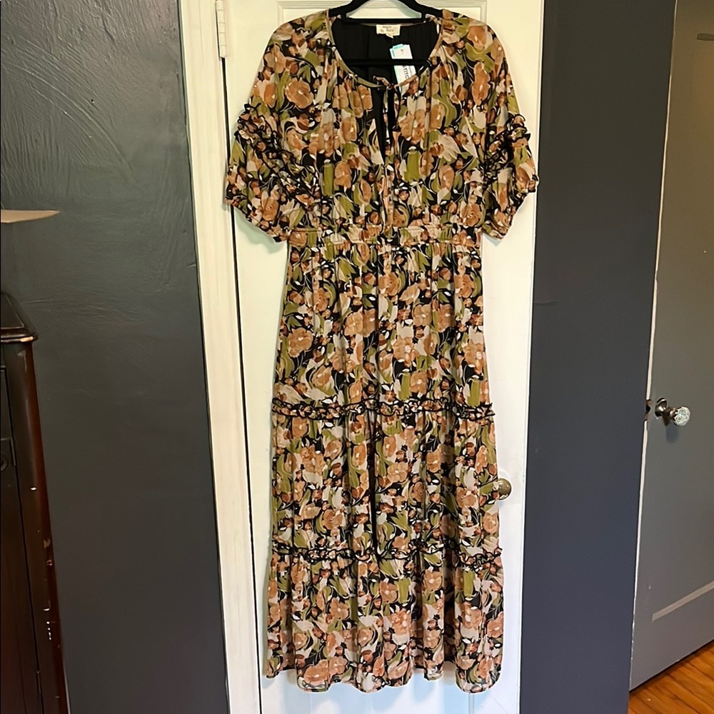 Black, Green, Mauve and Tan Tiered Maxi Dress, brand new with tags